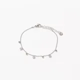 Pulsera plateada con cadena de bolitas y dijes colgantes de bolitas y strass.