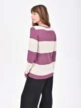 Buzo de tejido de punto color verde oscuro y beige, con diseño de rayas horizontales anchas y cuello redondo.