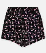 Short runner negro con estampado de lombrices rosas y cuadrillé blanco, de cintura media con elástico.