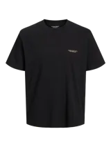 Remera negra de manga corta con cuello redondo y estampado en la espalda de la Estatua de la Libertad con el logo de Jack & Jones.
