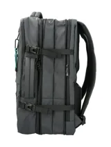 Mochila RKF unisex de poliéster reciclado repelente al agua, color gris. Cuenta con tres compartimentos independientes con cierre, compartimento para laptop de 15 pulgadas, triple bolsillo frontal con cierre, mango lateral, correas ajustables, almohadillas en la espalda, pasador para maleta y broches laterales.