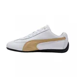 Zapatillas Puma Speedcat LTH blancas con detalles en dorado y suela negra.
