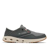 Zapatillas de pesca Columbia modelo Bahama X Relaxed en color gris oscuro. Cuentan con una parte superior mixta de cuero y lona con tecnología antimanchas Omni-Shield™. Poseen cordones elásticos, talón plegable y una entresuela ventilada con orificios de drenaje para un secado rápido. La suela Omni-Grip™ ofrece tracción en superficies húmedas.