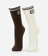 Kit de dos pares de medias deportivas Wilson de caña alta, una color marrón y otra color crema, con logo de la marca y rayas en el borde superior.