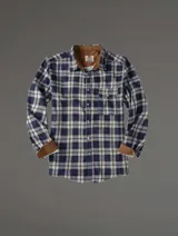 Camisa de cuadros de algodón y poliéster, con cierre de botón y cuello de pana, diseño clásico con un bolsillo.