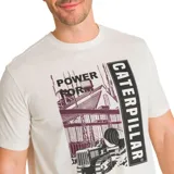 Remera de manga corta color crema con estampado de maquinaria de construcción y el logo de Caterpillar.