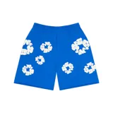 Short azul con estampado de flores blancas, de corte recto y cintura elástica con cordón ajustable.