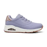 Championes Skechers Street Uno - Shimmer Away color lila con detalles en color cobre. Capellada de durabuck sintético, cordones elásticos, plantilla Skechers Air-Cooled Memory Foam y cámara de aire visible Skech-Air.