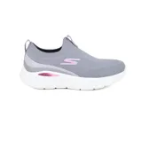 Championes deportivos Skechers GO RUN Lite Aurora Sky, sin cordones, color gris con detalles en rosa. Capellada de malla transpirable de materiales reciclados, plantilla Air-Cooled Goga Mat y media suela con amortiguación ligera ULTRA GO.