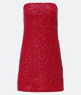 Vestido corto sin breteles, color rojo, cubierto de lentejuelas brillantes.