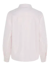 Camisa de manga larga color blanco con finas rayas verticales cobrizas y cuello clásico.