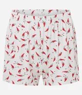 Conjunto de pijama Short Doll compuesto por una blusa de rib con breteles finos ajustables y encaje en el escote, y un short de viscolycra con cintura elástica y estampado de mini pimientos.