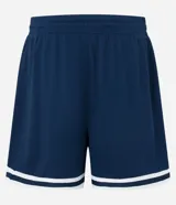 Bermuda deportiva de baloncesto color azul marino con cintura elástica, cordón ajustable y rayas blancas en el bajo. Estampado frontal con la palabra "Boston" y el número 17 en rojo y blanco.