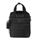 Bolso matero negro de poliéster con diseño reforzado y flexible. Tiene acceso con cierre doble, dos bolsillos externos con cierre, un bolsillo interno con cierre y dos abiertos. Cuenta con compartimentos para notebook y matero. Se puede usar como mochila, bandolera o bolso de mano gracias a sus asas fijas y correa ajustable.