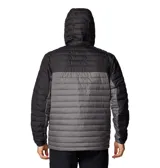 Campera Columbia con capucha, color verde oliva en la parte superior y gris claro en la parte inferior. Cuenta con cierre frontal, bolsillos laterales con cierre y logo de la marca en el pecho.