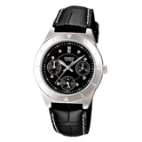 Reloj Casio para mujer, con correa de cuero negra, esfera negra de 36mm y resistencia al agua de 50 metros.