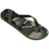 Ojotas Havaianas Top Camu con estampado de camuflaje en tonos verde, marrón, negro y gris. Tiras negras con logo Havaianas en blanco.