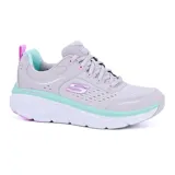 Championes deportivos Skechers Relaxed Fit: D'Lux Walker 2.0 - Daisy Doll, color gris con detalles en lila y celeste. Capellada de malla con superposiciones de cuero, cordones, plantilla acolchada Skechers Air-Cooled Memory Foam y suela de tracción flexible.