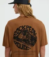 Remera marrón de corte holgado, cuello redondo y manga corta. Presenta estampado con letras en el frente y la espalda.