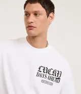 Remera de algodón blanca, corte relajado (relaxed fit), manga corta y cuello redondo. Presenta un estampado grande en la espalda con dados con diseño de calavera, el texto gótico "BRIGHT FUTURE" y la frase "I WISH YOU TO BE RICH". En la parte superior de la espalda tiene un pequeño texto en un recuadro que dice "TRY YOUR LUCK".