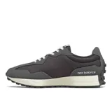 Championes New Balance 327, color gris y negro con detalles en rojo y suela blanca.