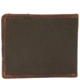 Billetera marrón de cuero y canvas engrasado, con ocho ranuras para tarjetas, tarjetero extraíble con dos bolsillos y ventana, forro interior de poliéster reciclado y tecnología RFID.
