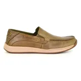 Zapato casual marrón de cuero, estilo mocasín, con elásticos laterales y suela de goma color beige.