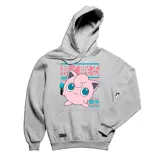 Canguro gris con capucha y bolsillo delantero, con estampado de Jigglypuff, personaje de Pokémon, con micrófono.