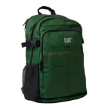 Mochila verde oscuro con logo CAT en el frente, compartimento acolchado para laptop de 15 pulgadas, panel organizador en bolsillo frontal, espalda acolchada, correa para ajustar a la cintura, straps ajustables y correas de compresión.