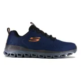 Championes deportivos Skechers Glide-Step Fasten Up, color azul marino con logo naranja. Capellada de tejido de punto suave, plantilla acolchada Skechers Air-Cooled Memory Foam y entresuela geométrica Glide-Step.