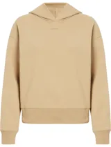 Buzo color beige de corte holgado, con capucha y logo de Calvin Klein bordado en el pecho.