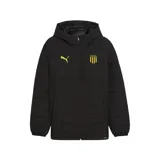 Campera Puma Peñarol con capucha, color negro con detalles en amarillo. Presenta cierre frontal completo, bolsillos laterales y escudo del club bordado al frente.