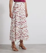 Pollera midi estampada con volados, confeccionada en tejido crepe de poliéster. Marca Cortelle.