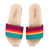 Sandalias tipo slide de mujer marca Beira Rio, con base color beige y tira ancha estampada con franjas horizontales en tonos fucsia, naranja, amarillo y turquesa.