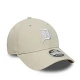Gorro tipo snapback New Era, color beige claro, con visera curva y logo bordado de los Detroit Tigers en blanco.
