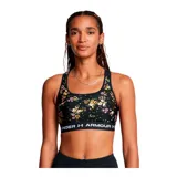Top deportivo Under Armour con estampado abstracto en tonos verde militar y negro, breteles finos blancos y banda elástica con logo de la marca.