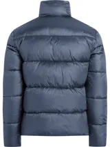 Campera acolchada azul con cuello alto, cierre frontal con cremallera, bolsillos laterales con cremallera, puños y dobladillo con punto canalé y logo de Calvin Klein bordado en el pecho.