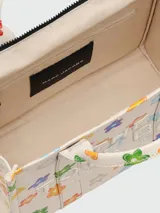 Bolso tote mediano de lona color crema con estampado de margaritas de colores, doble asa corta y correa larga extraíble.