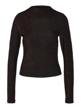 Top de manga larga negro con lurex cobrizo y cuello alto.