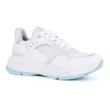 Championes deportivos Via Marte Viana, color blanco con detalles en gris y celeste. Confeccionados en cuero sintético y malla, con suela gruesa y cordones.