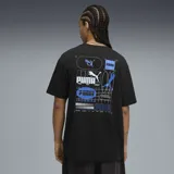 Remera negra de algodón con logo de Puma estampado en el pecho en color celeste.