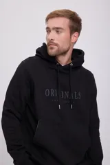 Canguro negro con capucha y cordones ajustables. Estampado frontal con la leyenda "Originals Jack & Jones".