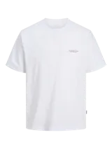 Camiseta blanca de manga corta y cuello redondo, con calce holgado y logo pequeño estampado en el pecho. Confeccionada en tejido de punto jersey 100% algodón.