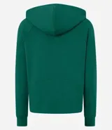 Campera deportiva verde esmeralda de modal, con capucha ajustable con cordón, cierre frontal con cremallera y bolsillos laterales.