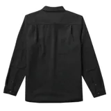 Camisa de franela negra con dos bolsillos frontales con solapa abotonada, corte recto y cierre frontal con botones.
