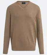 Suéter azul marino de tejido de punto liso, con cuello V y mangas largas.