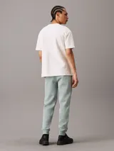 Pantalón de chándal de felpa color verde agua, con cintura elástica ajustable con cordón, puños de canalé, bolsillos laterales y trasero, y logo bordado de Calvin Klein en la pierna.