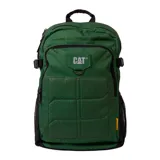 Mochila verde oscuro con logo CAT en el frente, compartimento acolchado para laptop de 15 pulgadas, panel organizador en bolsillo frontal, espalda acolchada, correa para ajustar a la cintura, straps ajustables y correas de compresión.