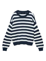 Sweater de punto con rayas horizontales en azul marino y blanco, cuello redondo y corte estándar.