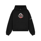 Canguro negro con capucha y bolsillo canguro. Presenta un estampado frontal con el logo de "Abuela Coca" en blanco y rojo, y la palabra "KABOA" estampada en la manga izquierda.